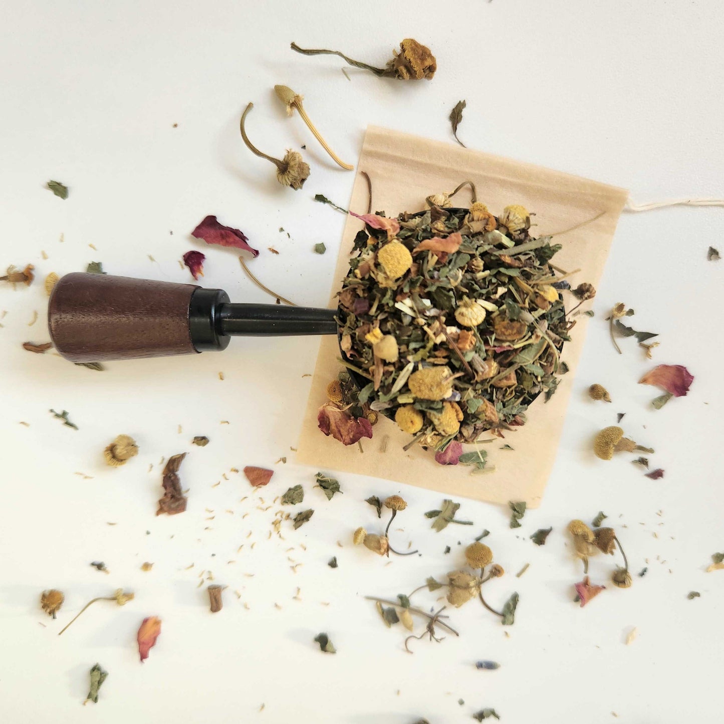 Monimo biodegradable and home compostable eco-friendly teabag pictured with Sleepy Sunday herbal tea.