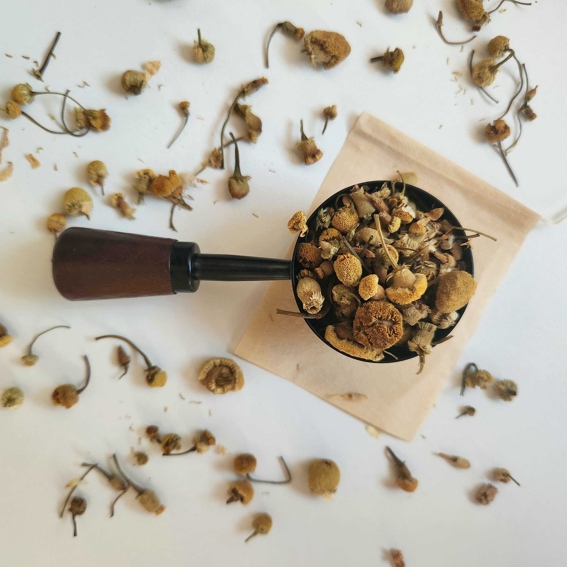 Monimo biodegradable and home compostable eco-friendly teabag pictured with Premium Chamomile herbal tea.