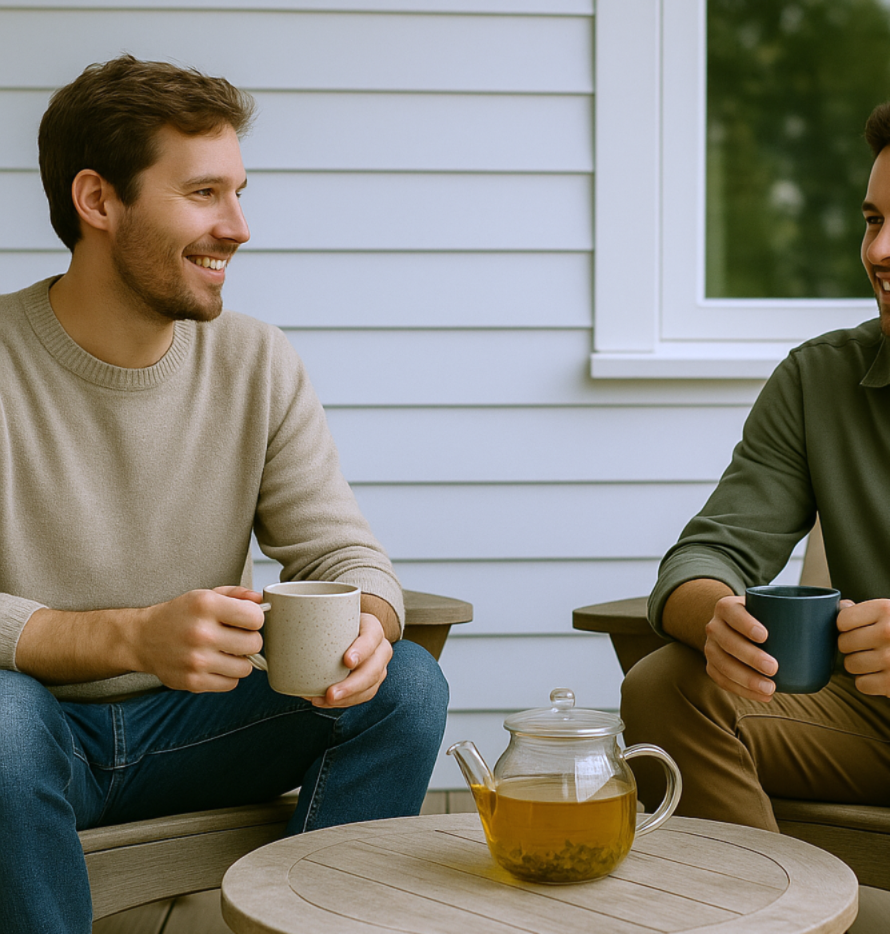 Two people sharing organic tea outdoors with a glass teapot on a wooden table — capturing Monimo’s relaxed, community-focused Australian tea culture and sustainable approach.