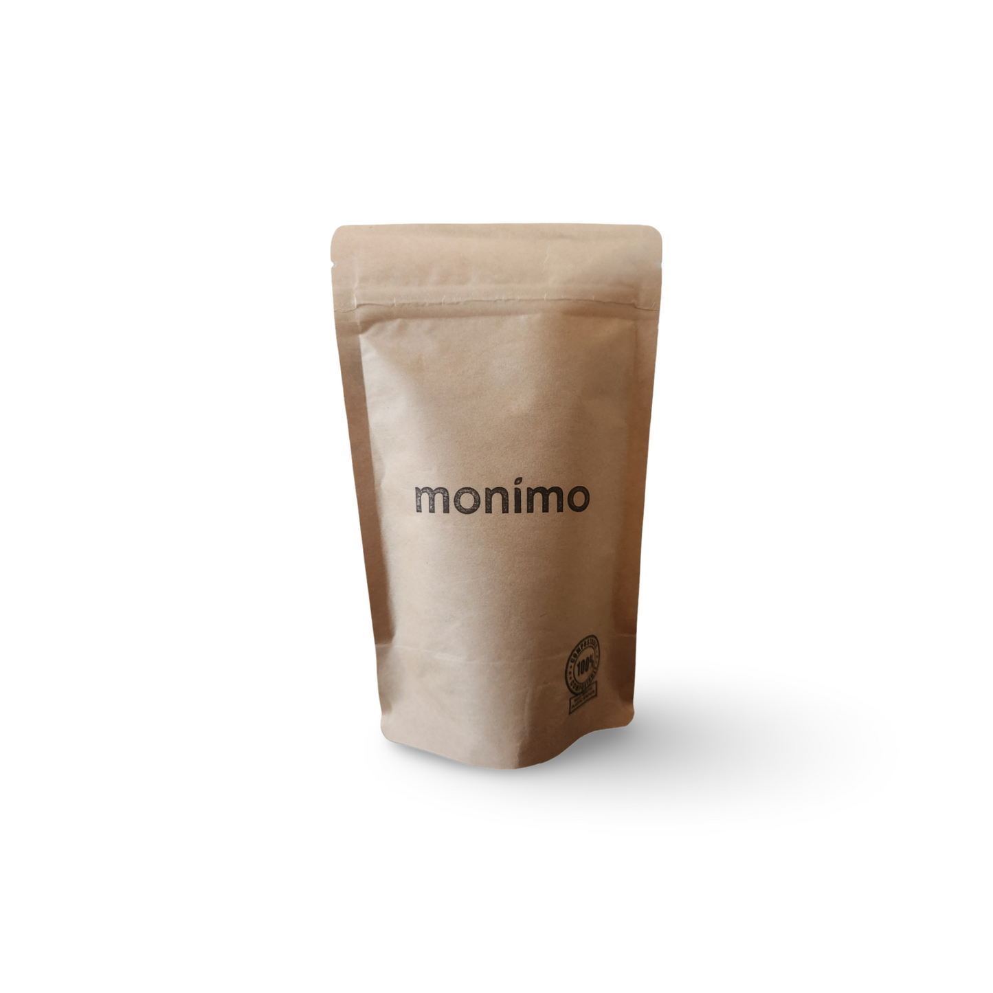 Monimo medium biodegradable and home-compostable tea pouch made from sustainable kraft paper packaging.