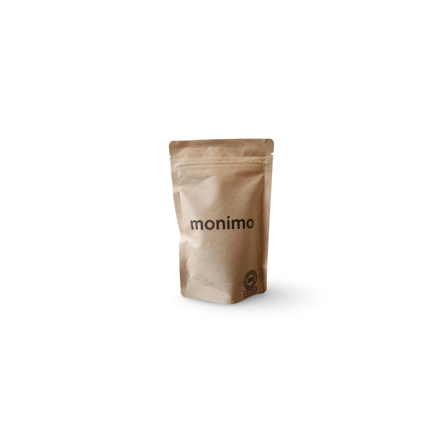 Monimo small biodegradable and home-compostable tea pouch made from sustainable kraft paper packaging.