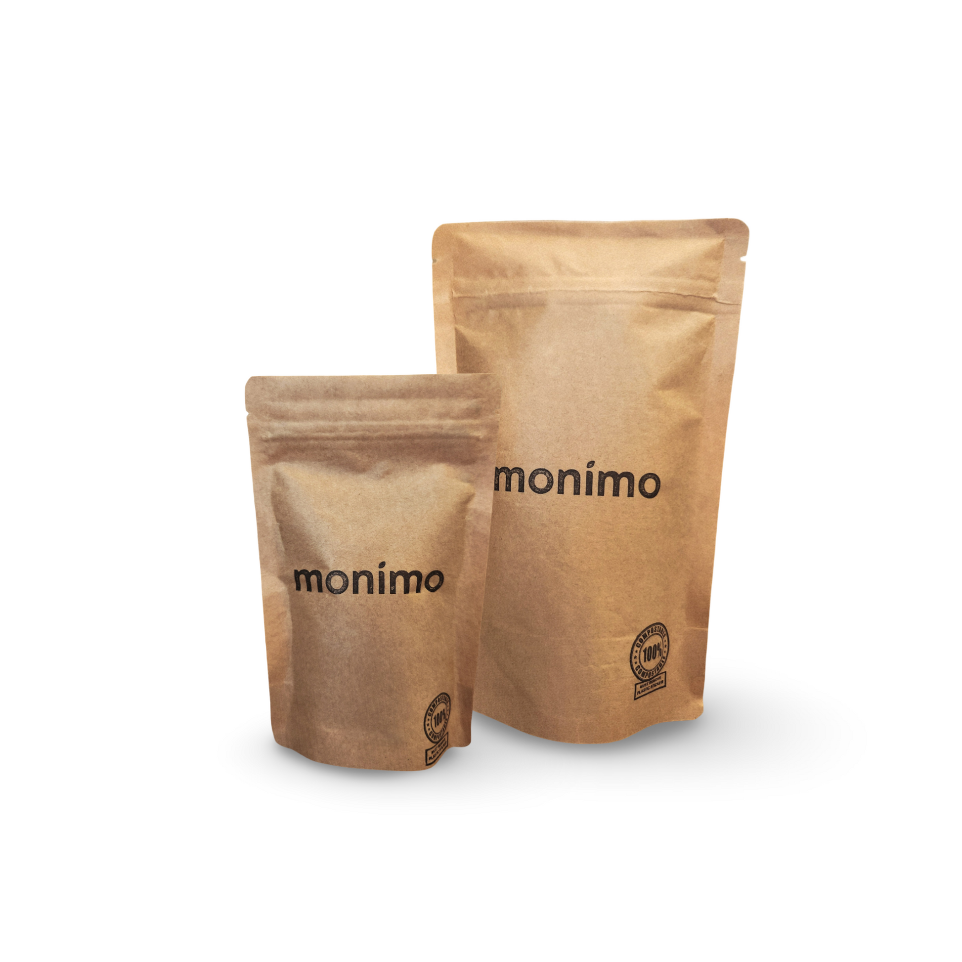 Monimo biodegradable and home-compostable eco-friendly tea pouches in small and medium sizes, made from sustainable kraft paper packaging.