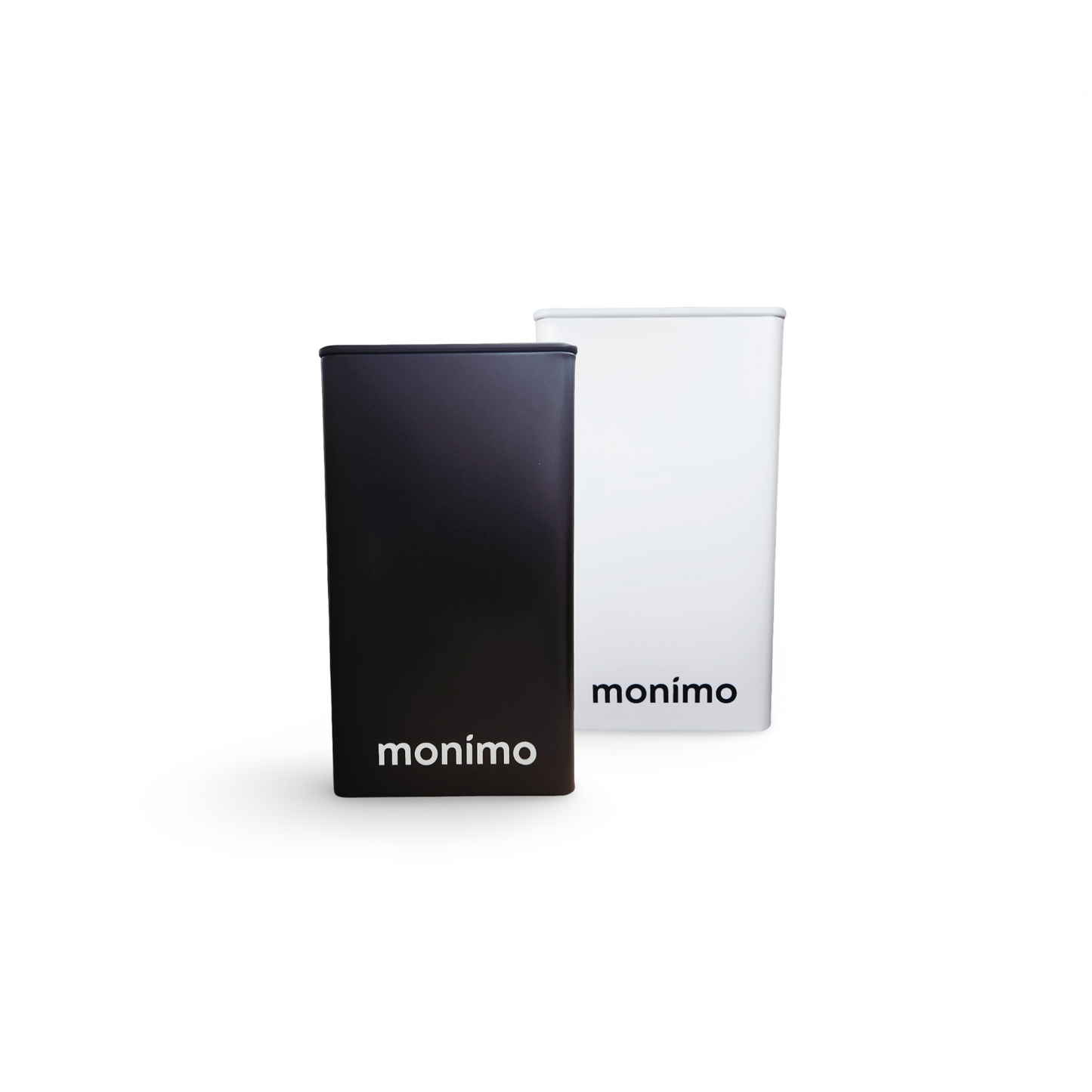 Monimo tea tins – reusable large-size black and white metal containers for sustainable tea storage.
