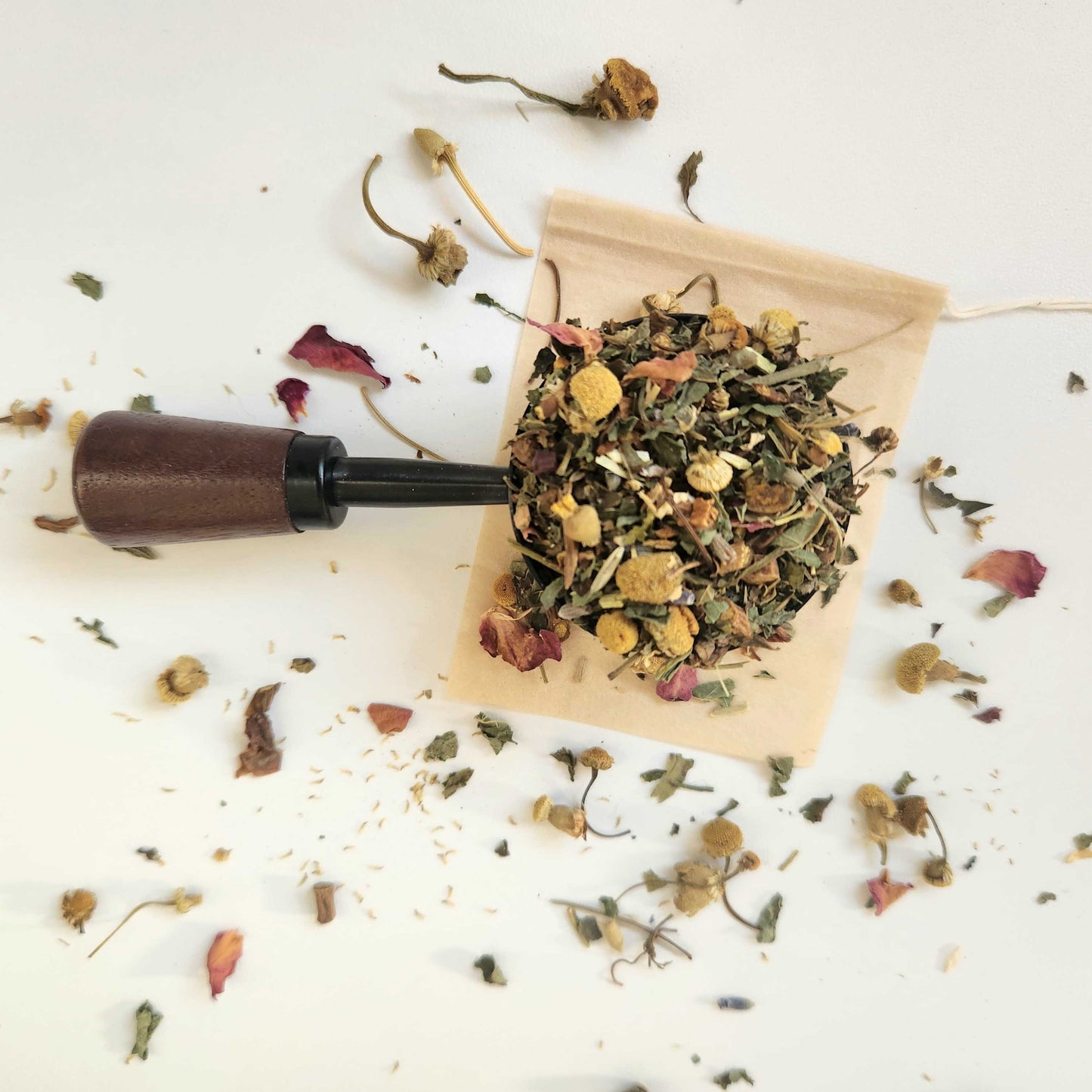 Monimo biodegradable and home compostable eco-friendly teabag pictured with Sleepy Sunday herbal tea.