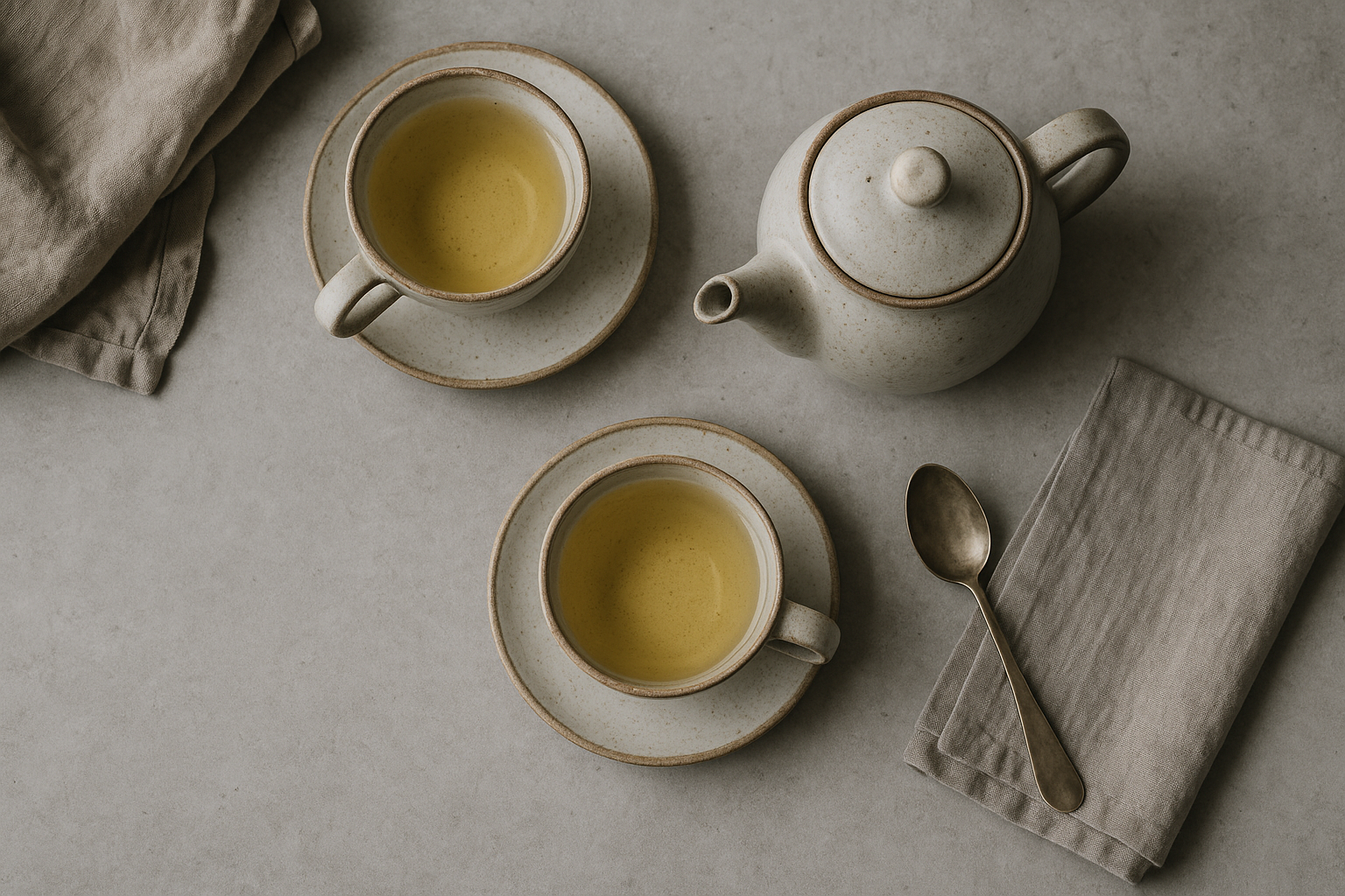 Two cups of freshly brewed organic tea with a ceramic teapot and linen napkin — warm, natural tones reflecting Monimo’s handcrafted Australian tea and eco-friendly philosophy.