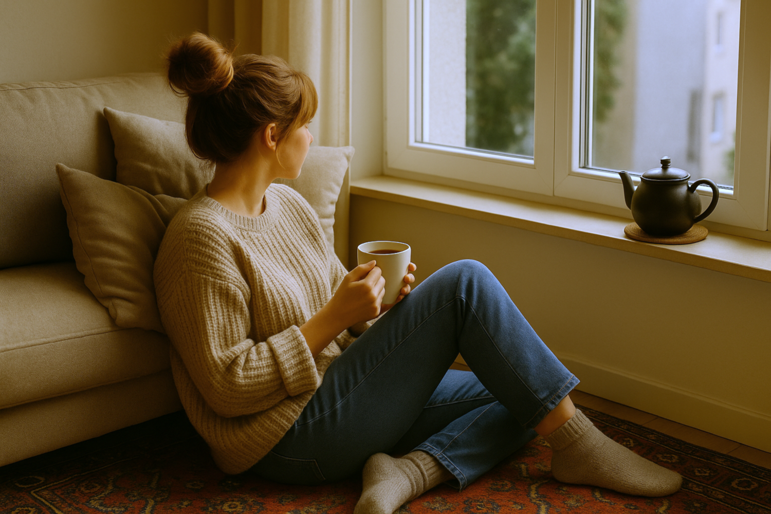 Person sitting by a window with a cup of tea and teapot nearby — a calm, reflective scene capturing Monimo’s warm, organic approach to sustainable Australian tea.