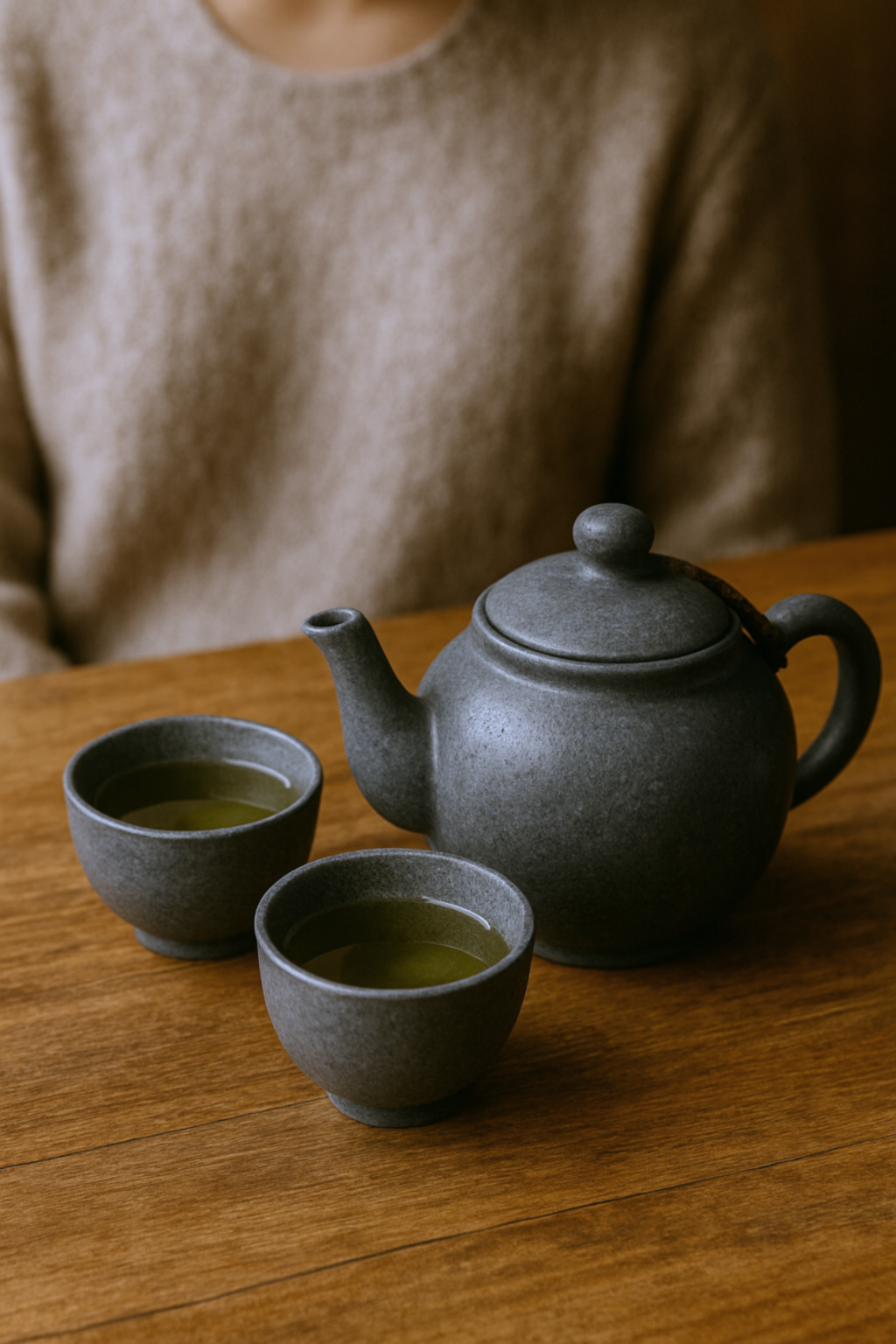 Dark ceramic teapot and two cups of green tea on a wooden table — a calm, minimalist scene reflecting Monimo’s premium organic teas and natural aesthetic.