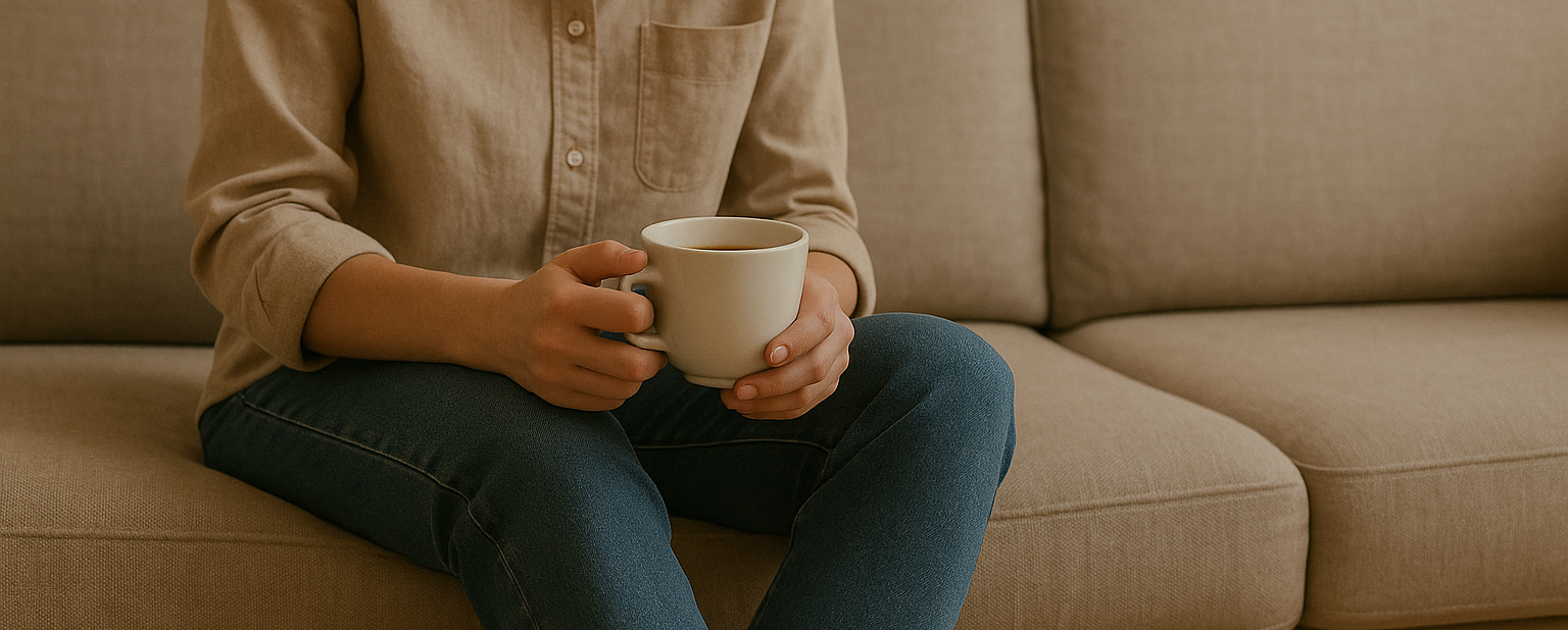 Person holding a cup of tea on a beige sofa — calm, inviting tone for Monimo Tea.