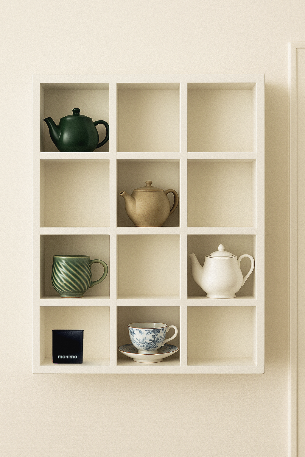 Monimo organic tea tin styled on a minimalist shelf with teapots and teacups — reflecting the brand’s thoughtful, eco-friendly Australian design.